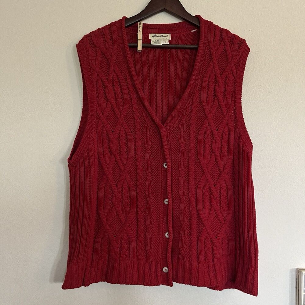 Eddie Bauer Red Vtg 90's Cable Knit 100% Cotton Sleeveless Sweater Vest SZ XL
